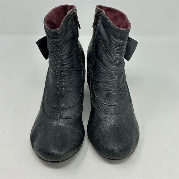 Women's Blue Gray Leather Heeled Ankle Boots Size 38 Bow Detail Ruched - Picture 4 of 14